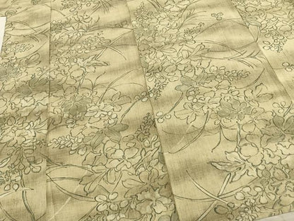 平和屋着物▽上質な紬 単衣 手描き 草花文 正絹 逸品 AABB2190fy