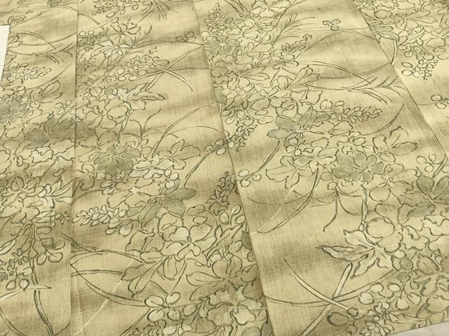 平和屋着物▽上質な紬 単衣 手描き 草花文 正絹 逸品 AABB2190fy
