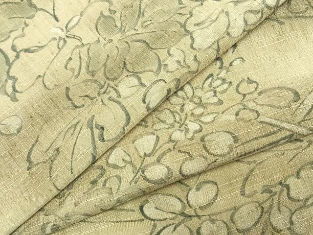 平和屋着物▽上質な紬 単衣 手描き 草花文 正絹 逸品 AABB2190fy