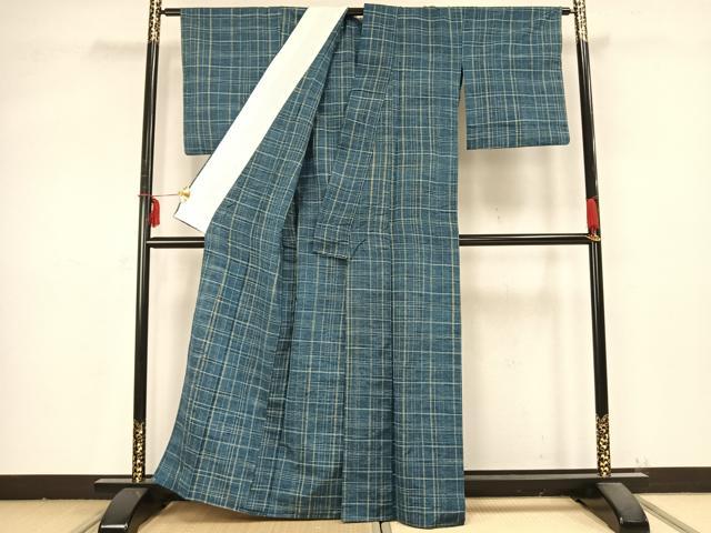 平和屋着物▽上質な紬 単衣 格子 正絹 逸品 AABB2192fy