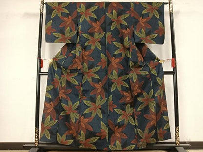 平和屋着物▽上質な紬 単衣 葉尽くし 正絹 逸品 AABB2193fy