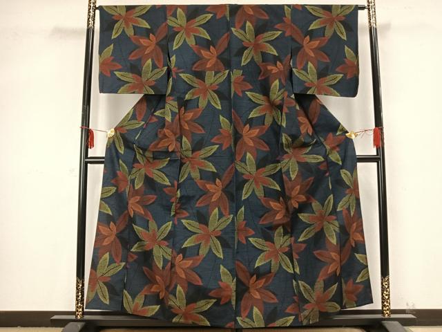 平和屋着物▽上質な紬 単衣 葉尽くし 正絹 逸品 AABB2193fy