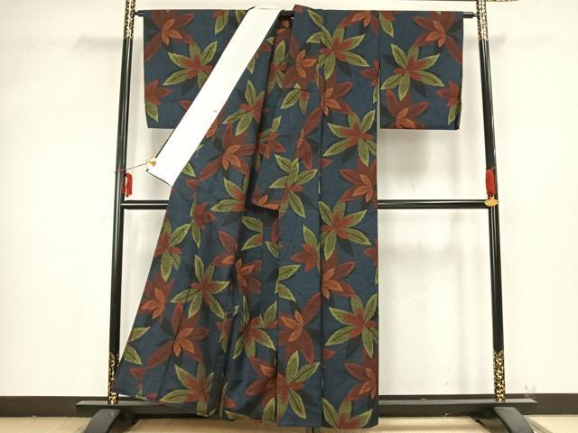平和屋着物▽上質な紬 単衣 葉尽くし 正絹 逸品 AABB2193fy