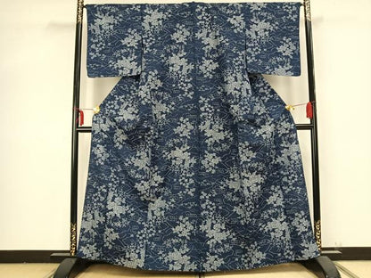 平和屋着物▽上質な紬 単衣 草花文 正絹 逸品 AABB2195fy