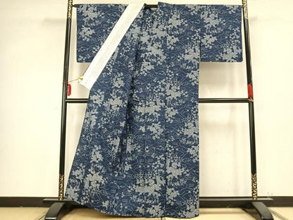 平和屋着物▽上質な紬 単衣 草花文 正絹 逸品 AABB2195fy