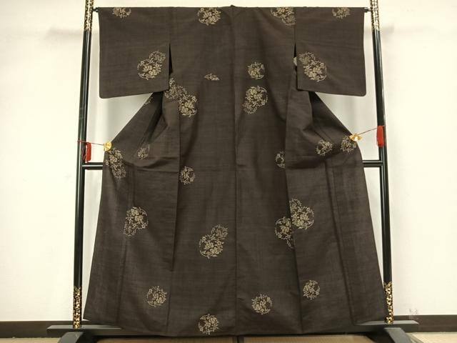 平和屋着物▽上質な紬 単衣 草花丸文 正絹 逸品 AABB2203fy