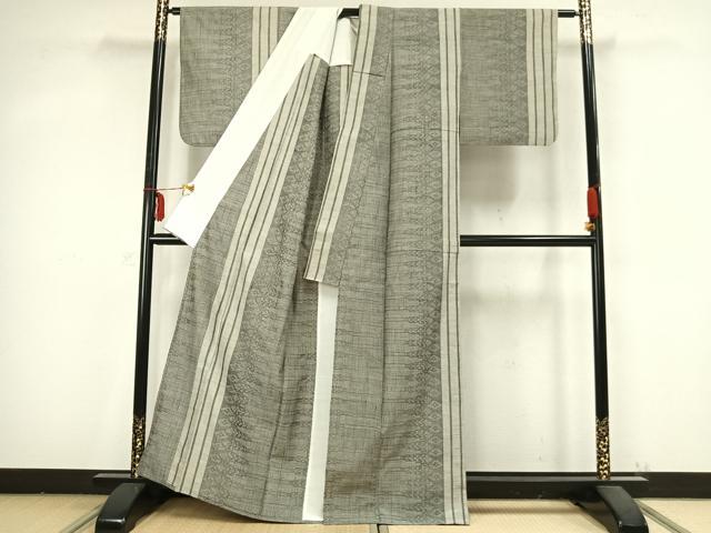 平和屋着物▽上質な紬　単衣　幾何学文　正絹　逸品　AABB2205fy