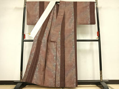 平和屋着物▽小千谷紬　単衣　花唐草間道　正絹　逸品　AABB2213fy