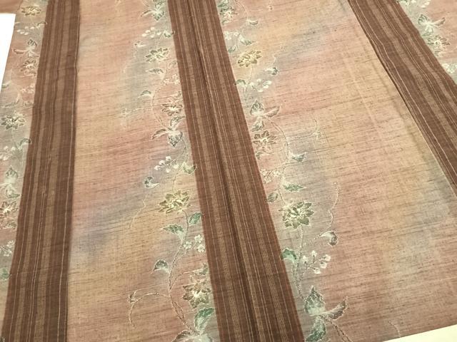 平和屋着物▽小千谷紬　単衣　花唐草間道　正絹　逸品　AABB2213fy