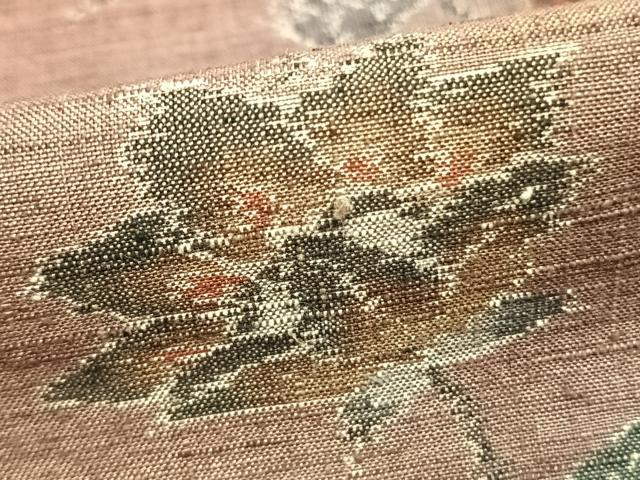 平和屋着物▽小千谷紬　単衣　花唐草間道　正絹　逸品　AABB2213fy