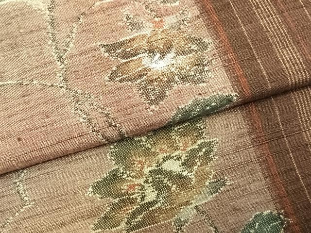 平和屋着物▽小千谷紬　単衣　花唐草間道　正絹　逸品　AABB2213fy