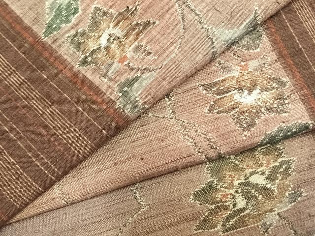 平和屋着物▽小千谷紬　単衣　花唐草間道　正絹　逸品　AABB2213fy