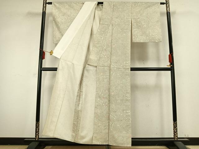 平和屋着物▽上質な紬 単衣 草花文 正絹 逸品 AABB2214fy