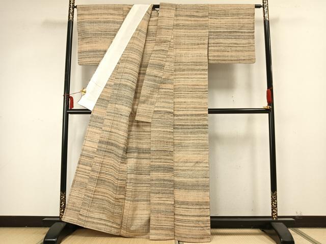 平和屋着物▽上質な紬 単衣 横段文 正絹 逸品 AABB2220fy