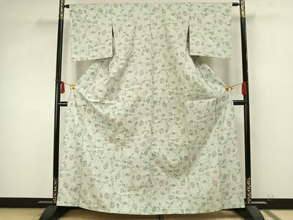 平和屋着物▽上質な紬　単衣　枝花文　正絹　逸品　AABB2221fy