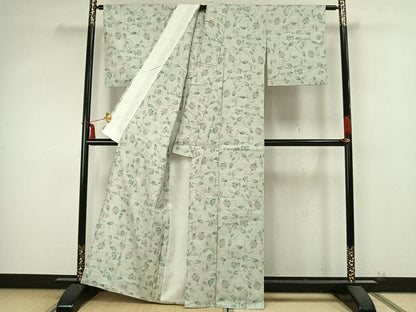平和屋着物▽上質な紬　単衣　枝花文　正絹　逸品　AABB2221fy