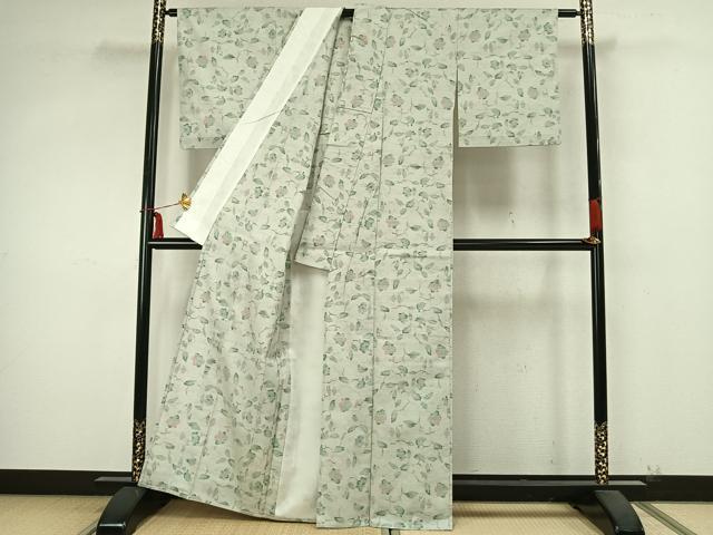 平和屋着物▽上質な紬　単衣　枝花文　正絹　逸品　AABB2221fy