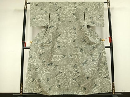 平和屋着物▽上質な紬 単衣 型染め 切嵌花文 正絹 逸品 AABB2225fy