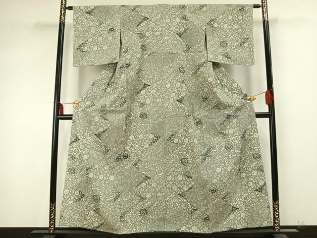 平和屋着物▽上質な紬 単衣 型染め 切嵌花文 正絹 逸品 AABB2225fy