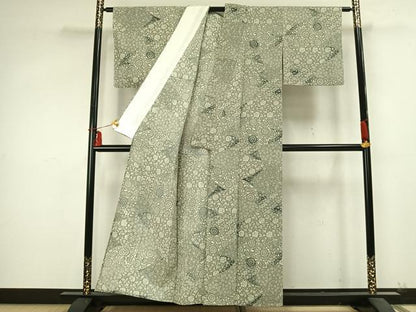 平和屋着物▽上質な紬 単衣 型染め 切嵌花文 正絹 逸品 AABB2225fy