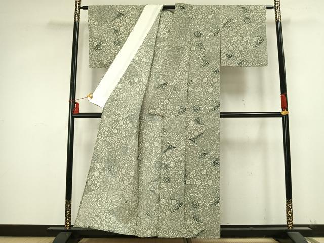 平和屋着物▽上質な紬 単衣 型染め 切嵌花文 正絹 逸品 AABB2225fy