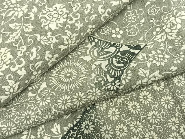 平和屋着物▽上質な紬 単衣 型染め 切嵌花文 正絹 逸品 AABB2225fy