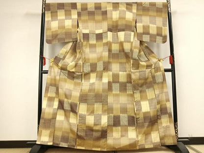 平和屋着物▽上質な紬 単衣 花織 市松文様 正絹 逸品 AABB2227fy