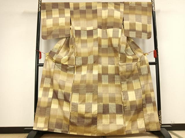 平和屋着物▽上質な紬 単衣 花織 市松文様 正絹 逸品 AABB2227fy