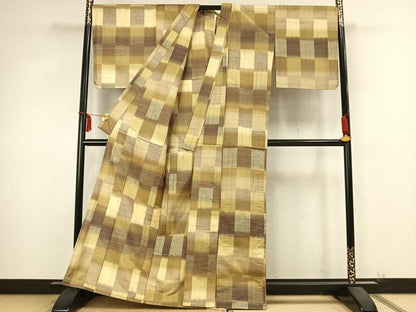 平和屋着物▽上質な紬 単衣 花織 市松文様 正絹 逸品 AABB2227fy