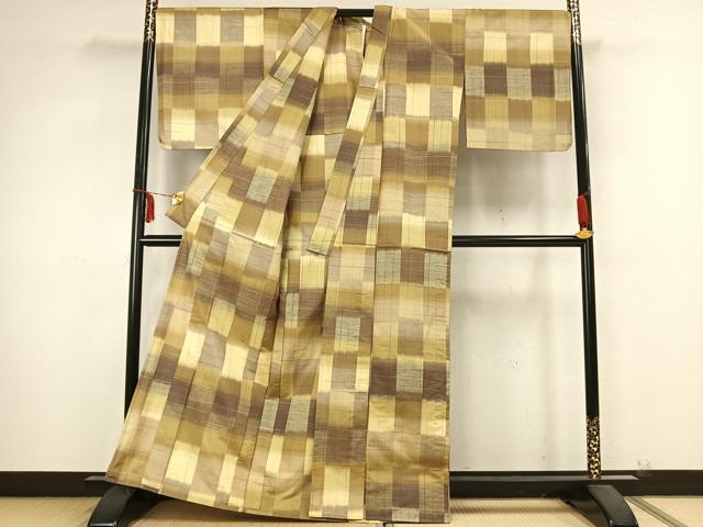 平和屋着物▽上質な紬 単衣 花織 市松文様 正絹 逸品 AABB2227fy