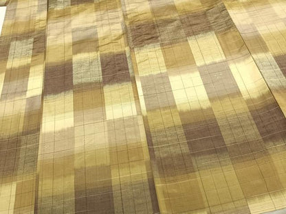 平和屋着物▽上質な紬 単衣 花織 市松文様 正絹 逸品 AABB2227fy