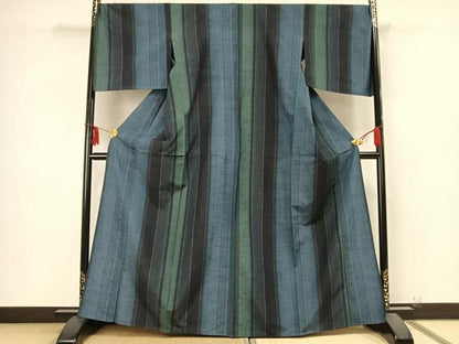 平和屋着物▽上質な紬 単衣 縞 正絹 逸品 AABB2228fy