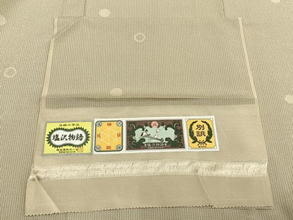 平和屋着物▽本塩沢 単衣 丸文 縞 反端付き 正絹 逸品 AABB2229fy