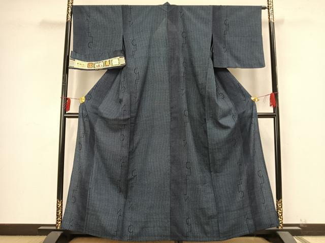 平和屋着物▽本塩沢 単衣 幾何学文 証紙付き 正絹 逸品 AABB2232fy