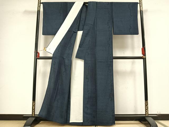 平和屋着物▽本塩沢 単衣 幾何学文 証紙付き 正絹 逸品 AABB2232fy
