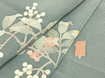 平和屋着物▽本加賀友禅作家 柿本市郎 訪問着 単衣 南天文 正絹 逸品 AABB2236fy