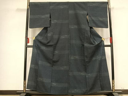 平和屋着物▽本塩沢 単衣 110亀甲 横段文 正絹 逸品 AABB2248fy