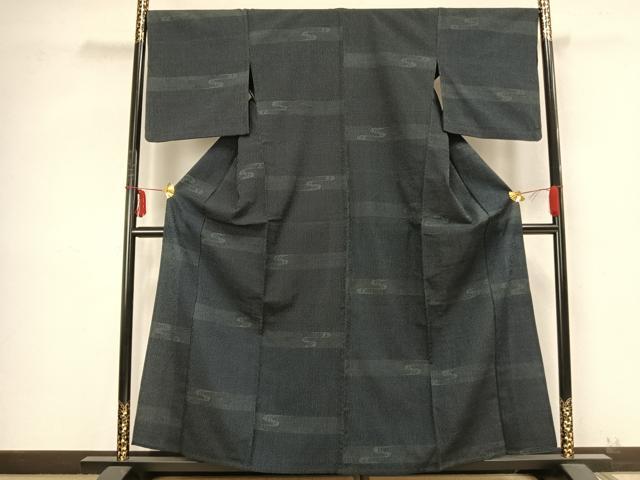 平和屋着物▽本塩沢 単衣 110亀甲 横段文 正絹 逸品 AABB2248fy