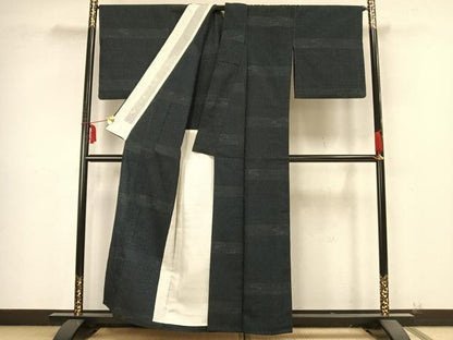平和屋着物▽本塩沢 単衣 110亀甲 横段文 正絹 逸品 AABB2248fy