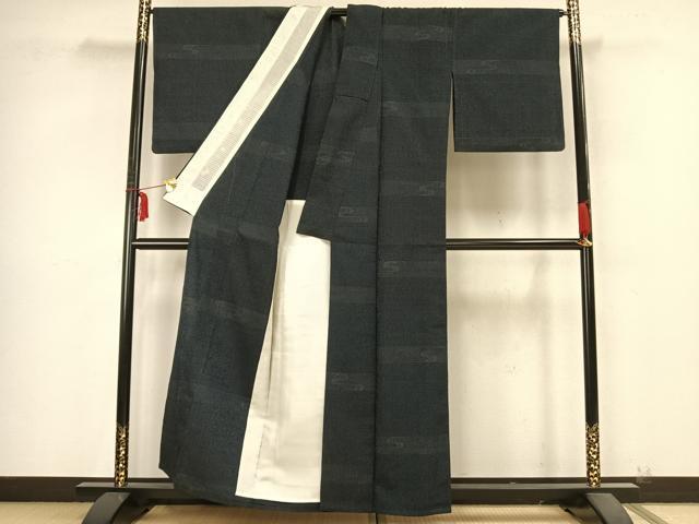 平和屋着物▽本塩沢 単衣 110亀甲 横段文 正絹 逸品 AABB2248fy