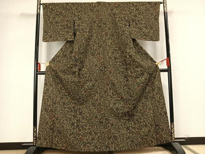平和屋着物▽上質な紬 単衣 草花文 正絹 逸品 AABB2252fy