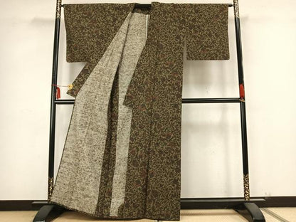 平和屋着物▽上質な紬 単衣 草花文 正絹 逸品 AABB2252fy