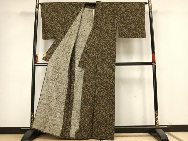 平和屋着物▽上質な紬 単衣 草花文 正絹 逸品 AABB2252fy