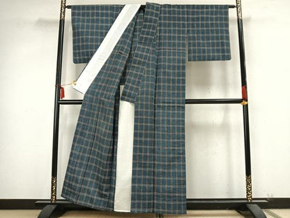 平和屋着物▽上質な紬 単衣 格子 正絹 逸品 AABB2254fy