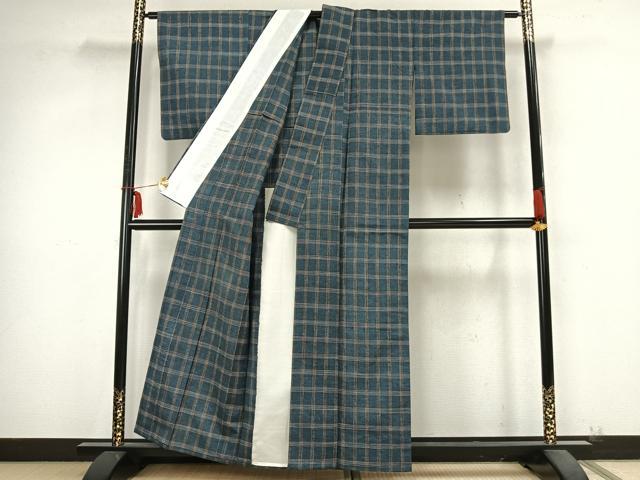 平和屋着物▽上質な紬 単衣 格子 正絹 逸品 AABB2254fy
