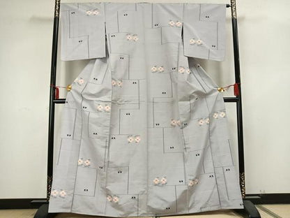 平和屋着物▽上質な紬 単衣 花蝶文 正絹 逸品 AABB2258fy