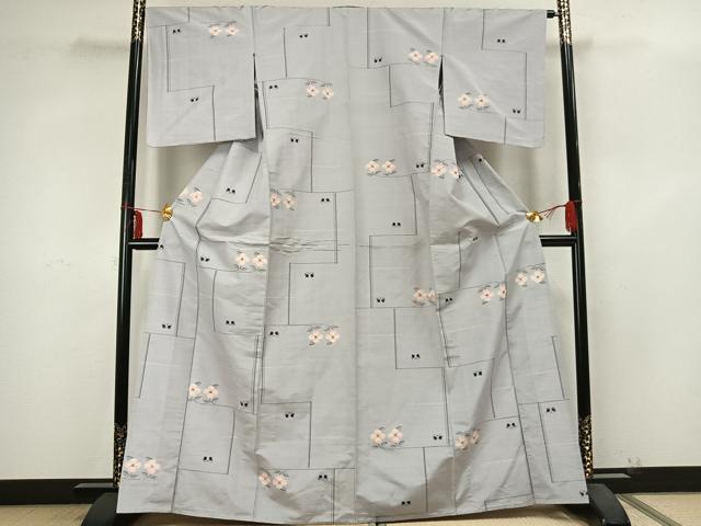 平和屋着物▽上質な紬 単衣 花蝶文 正絹 逸品 AABB2258fy
