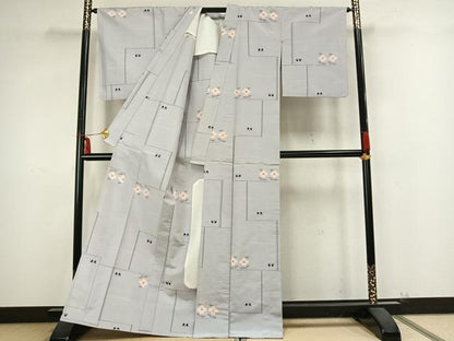 平和屋着物▽上質な紬 単衣 花蝶文 正絹 逸品 AABB2258fy