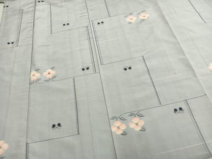 平和屋着物▽上質な紬 単衣 花蝶文 正絹 逸品 AABB2258fy