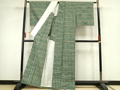 平和屋着物▽上質な紬 単衣 横段文 正絹 逸品 未使用 AABB2259fy
